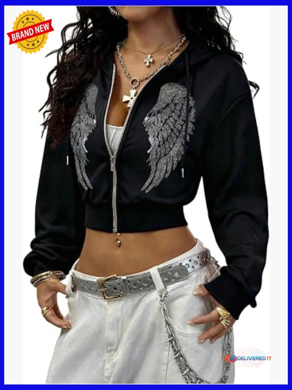 Y2k Cropped Zip Up Hoodie Rhinestone Goth Fairy Grunge Slim Fit Sweatshirt